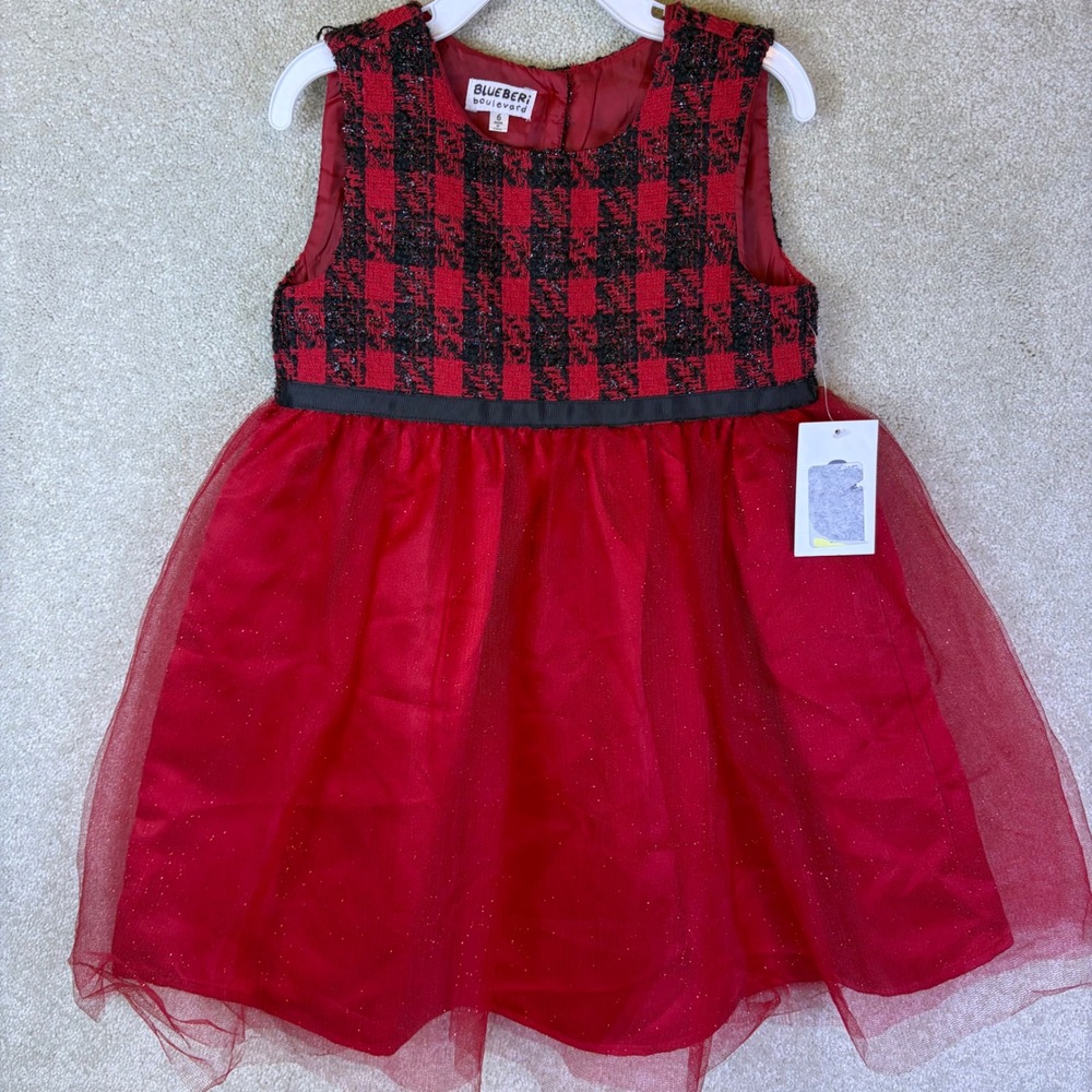 Blueberi Boulevard Plaid Tulle Dress Girls 6 Red Black Glitter Holiday Christmas